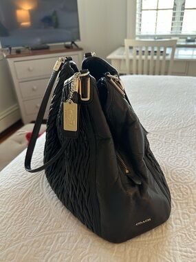 Coach Black Textured Leather Triple-Pocket Hobo Bag with Gold Hardware